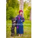 Boho Style Ukrainian Embroidered Maxi Dress Navy with Pink Embroidery